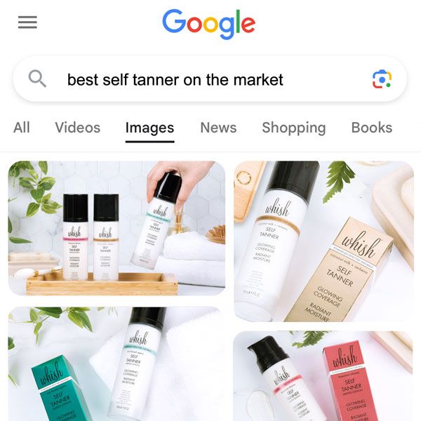 Google image search results for “best self tanner on the market” featuring Whish Beauty self-tanning products.
