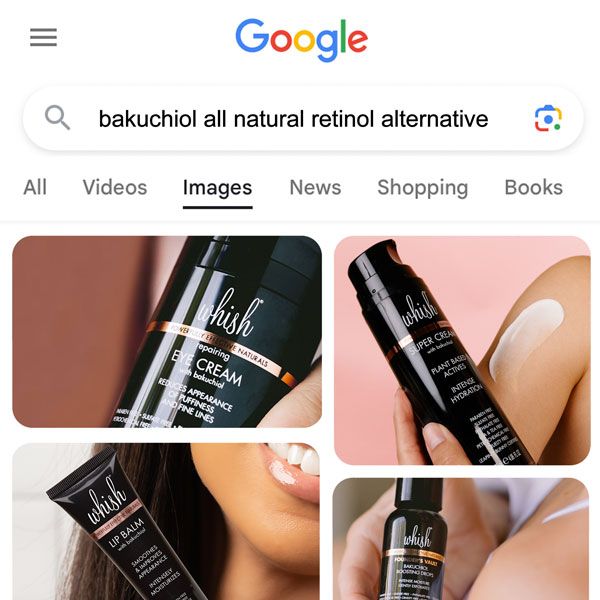 Search results grid for ‘bakuchiol natural retinol alternative’ featuring Whish bakuchiol products.