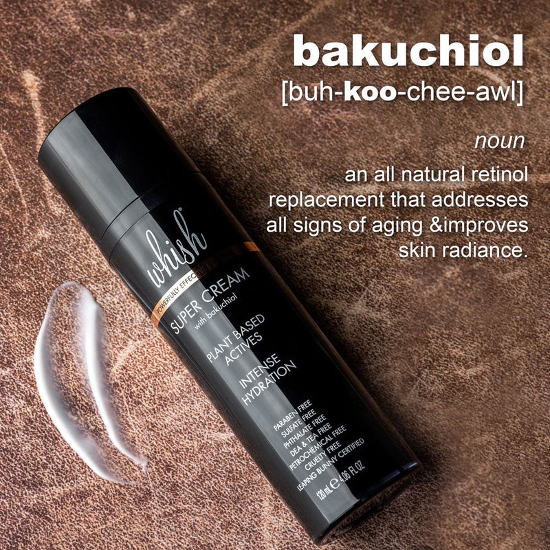 Whish Beauty Super Cream with Bakuchiol, a natural, plant-derived retinol alternative, next to a product swatch.