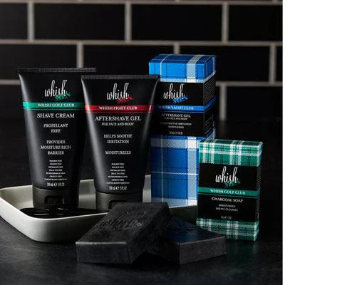 Whish Men shave cream, aftershave gel, and soap in three different variants: Yacht Club, Golf Club, and Fight Club.