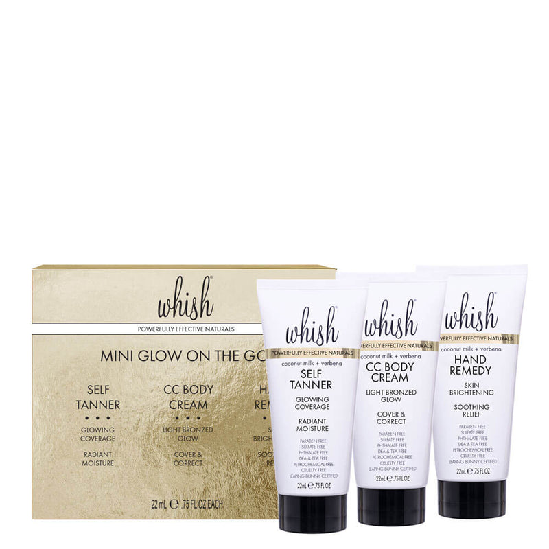 Whish Beauty Mini Glow On The Go set with self-tanner, CC body cream, and hand remedy for travel-friendly skincare.
